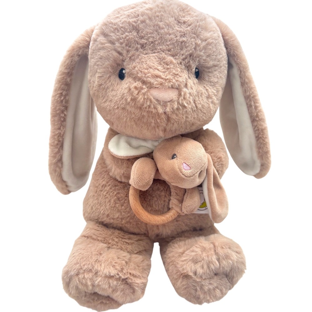 Animal‎ Adventure Bunny Rabbit Plush 10" Baby Lovey w/ Wooden Ring Rattle Toy